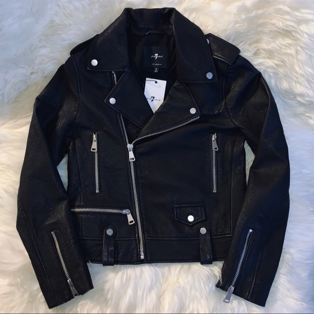 7 For All Mankind Black Leather Moto Jacket Size S - Picture 1 of 9